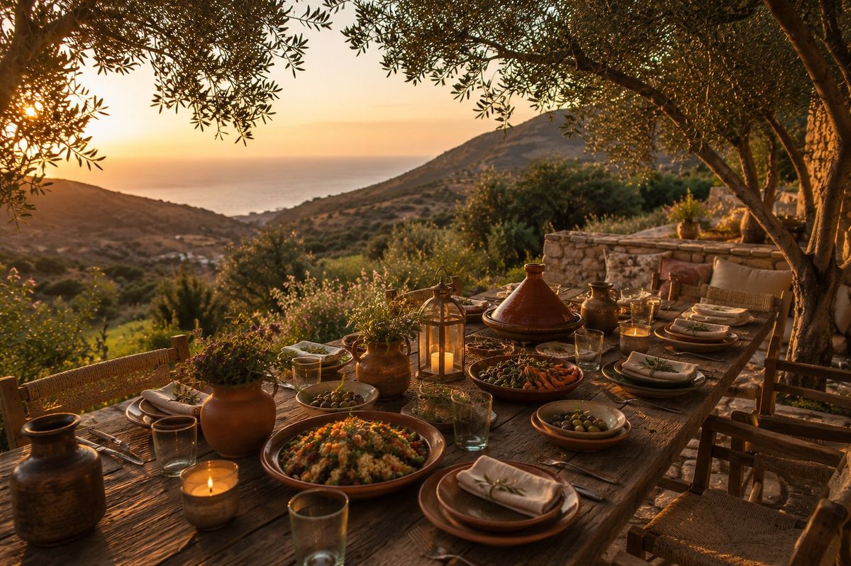 Concept visualization: an outdoor farm-to-table dining setting beneath olive trees at sunset