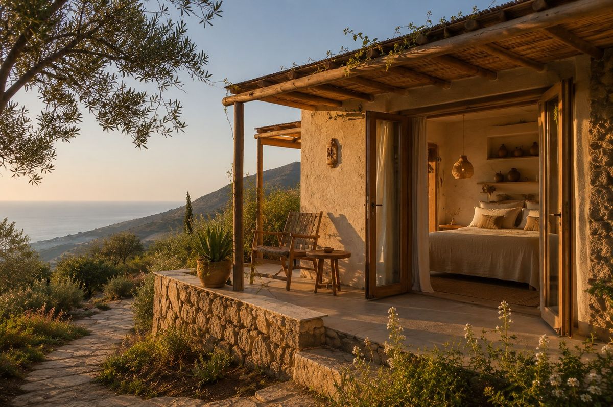Concept visualization: a single stone and earth bungalow exterior with a shaded terrace overlooking the sea