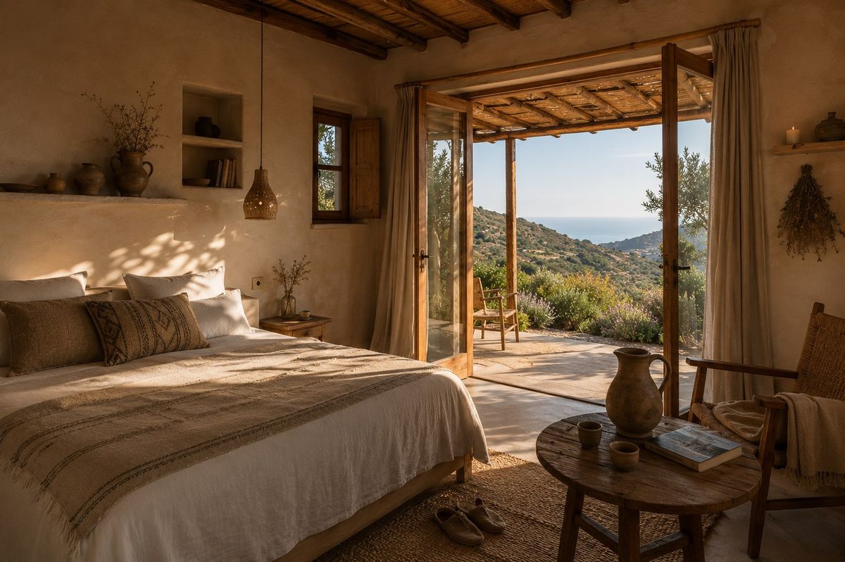 Concept visualization: a warm, natural-material bungalow interior with a bed and a view over the hills
