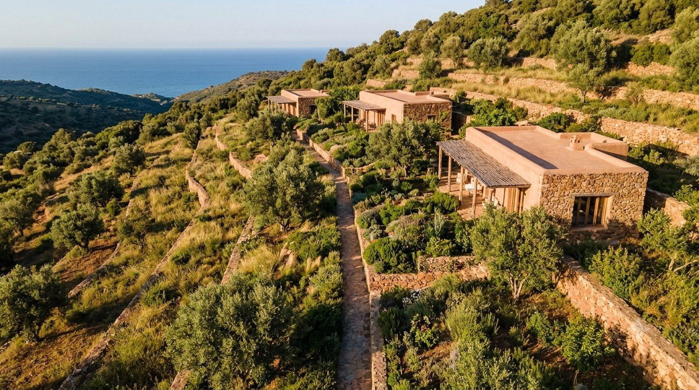 Concept visualization: four bungalows dispersed across a terraced hillside overlooking the Mediterranean