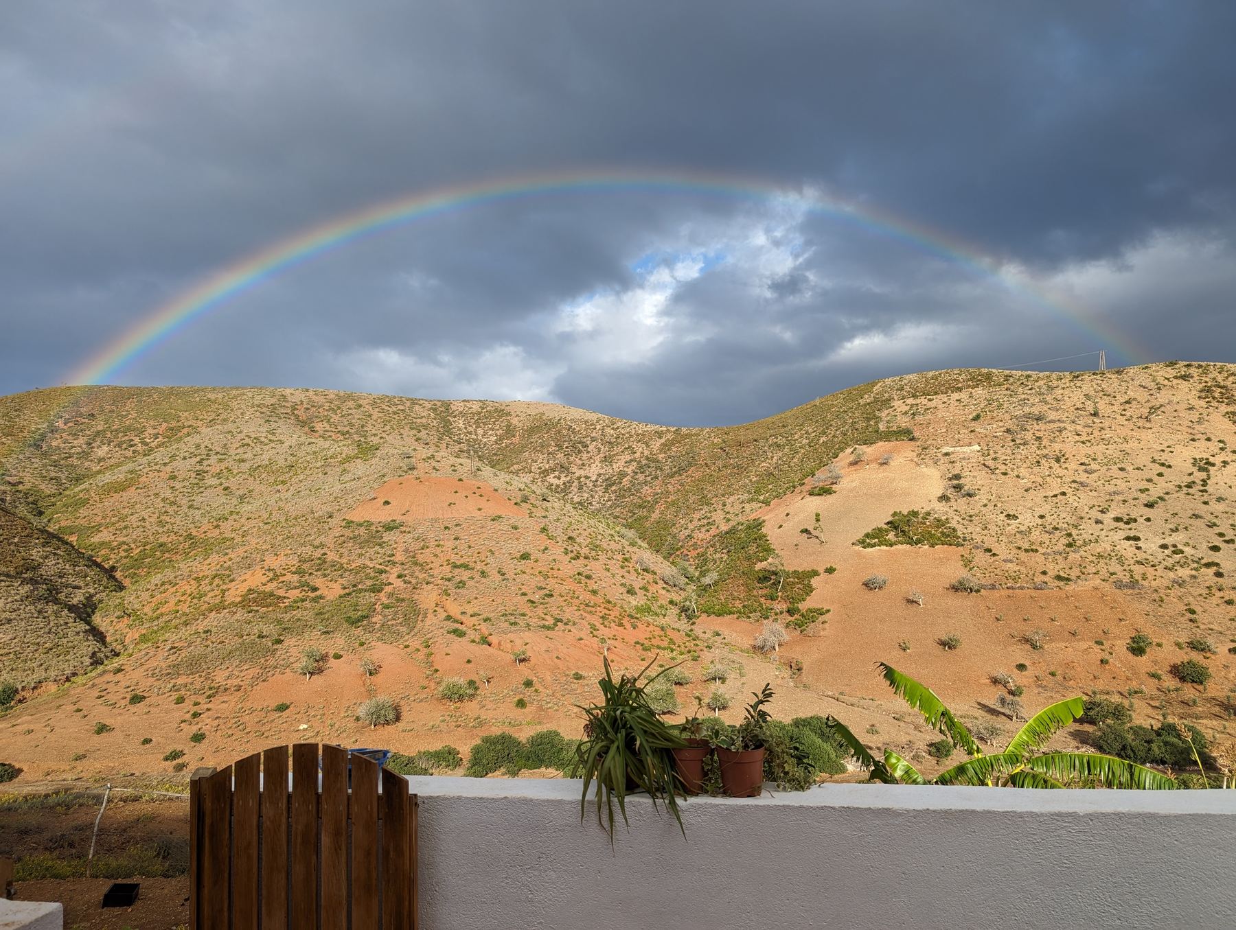 A rainbow over the restored hillside after rain