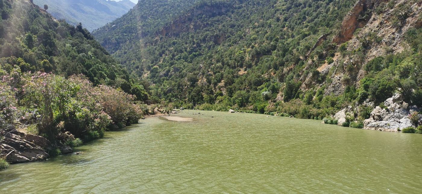 A river gorge with clear water near Noualla, surrounded by oleander and mountains